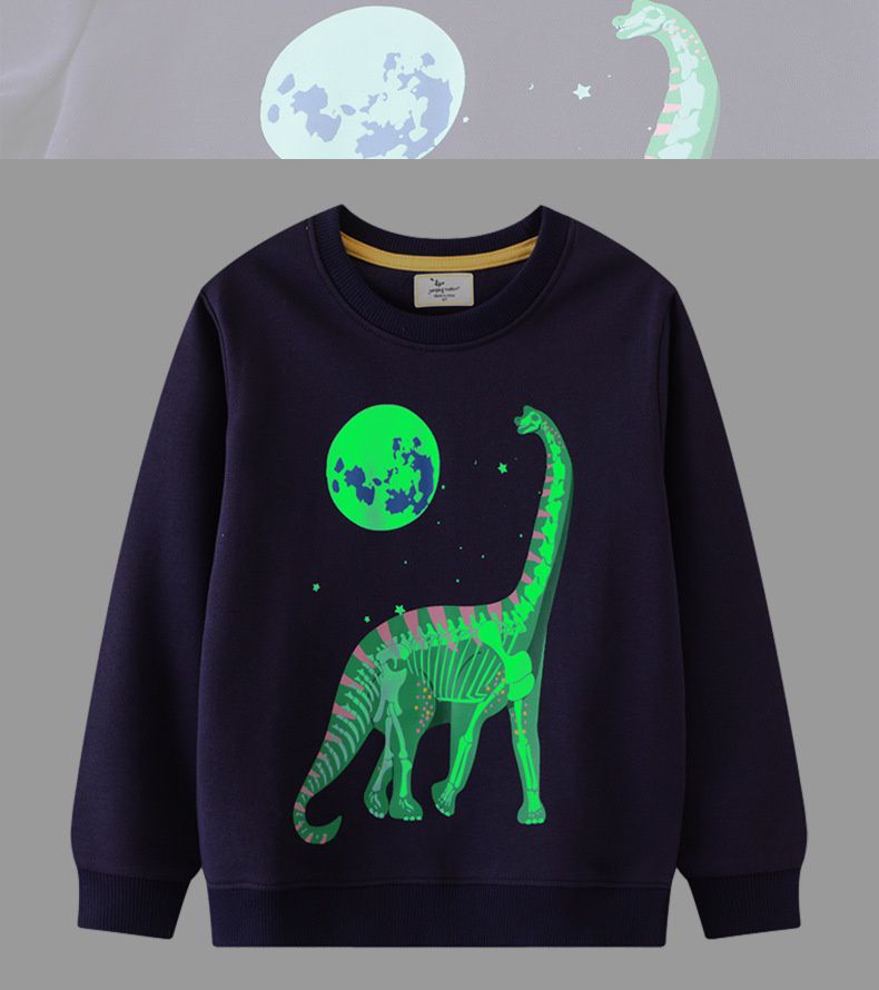 Jumping meters - 夜光圓領棉質長袖上衣/大學T-月球與長頸龍-深藍色