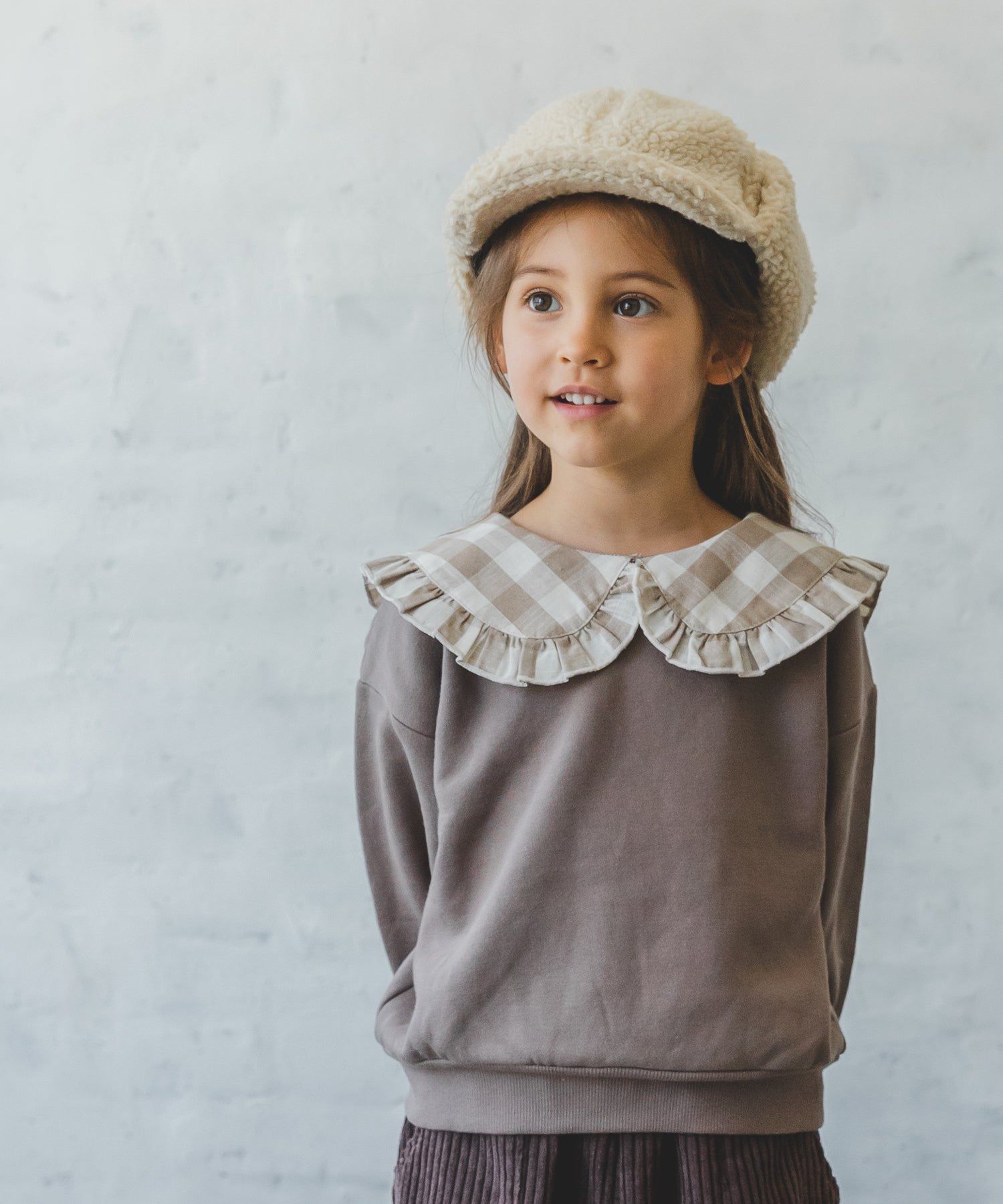 日本 PAIRMANON - 歐風翻領刷毛長袖上衣-碎花領-煙燻粉