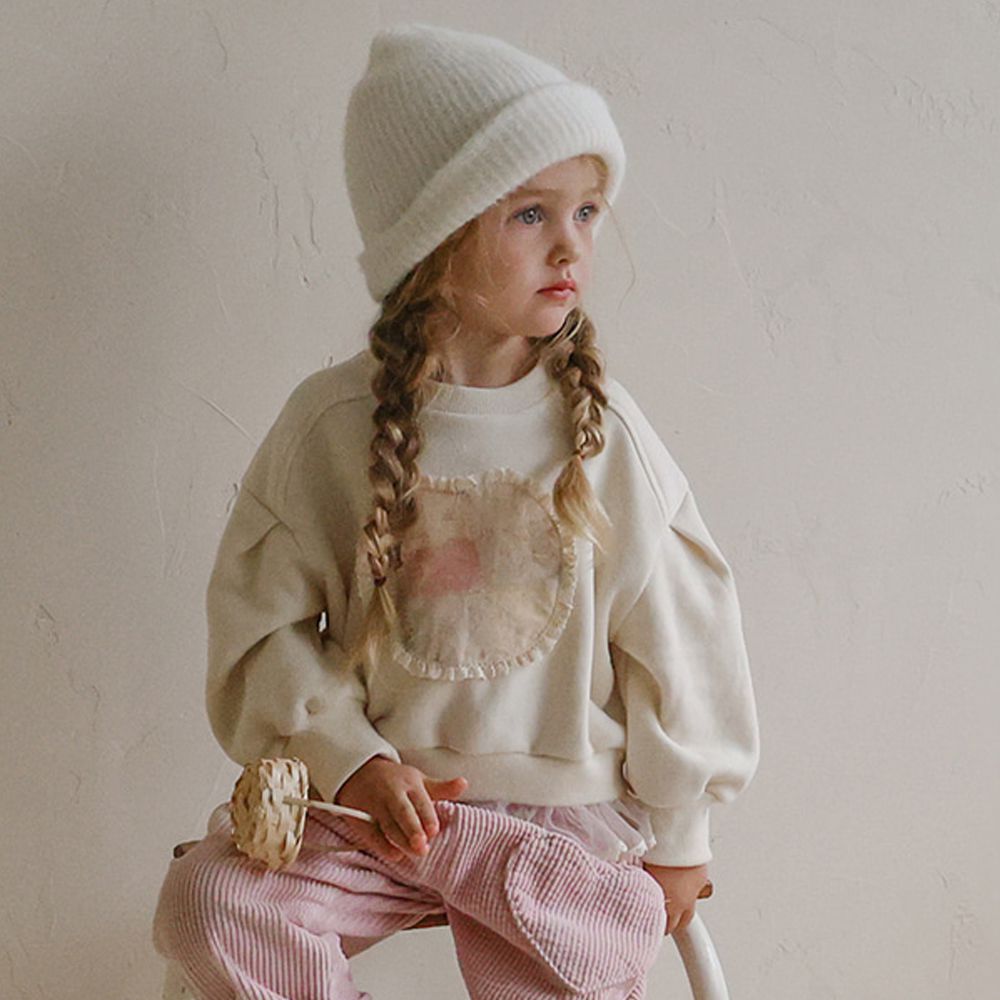 Puellaflo (內磨毛)甜美拼布點綴網紗襬長袖大學T-米白