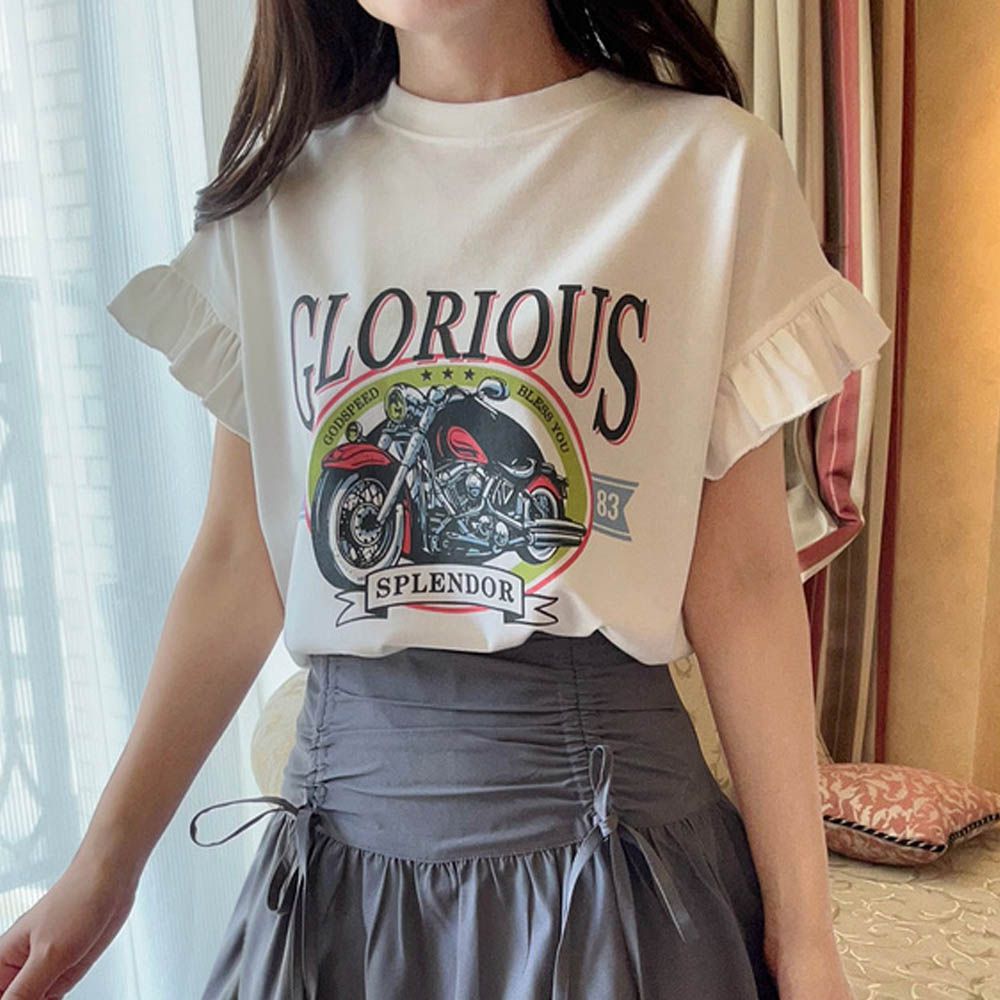 搖滾風重機印花荷葉寬袖上衣-白 (F)