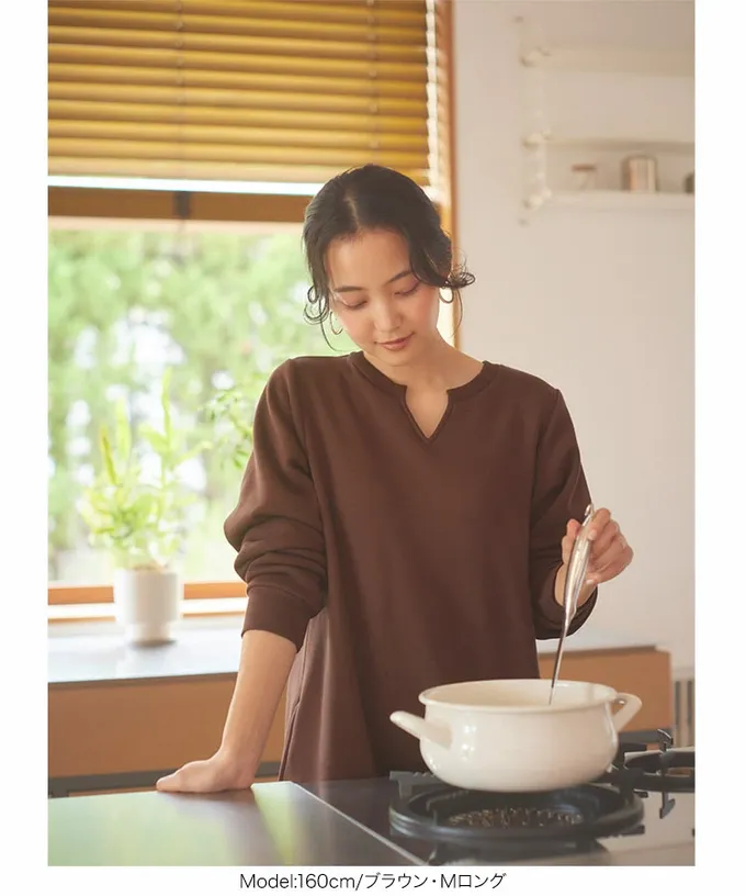 日本 Kobe Lettuce - 極上溫暖 裏起毛鑰匙領休閒長袖洋裝-咖啡