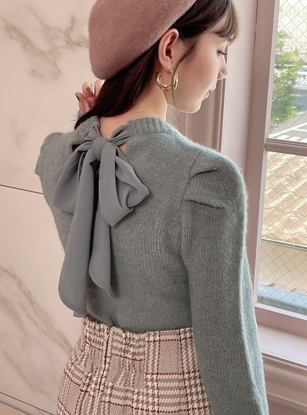 日本 GRL - 浪漫抓皺後蝴蝶結針織上衣-綠