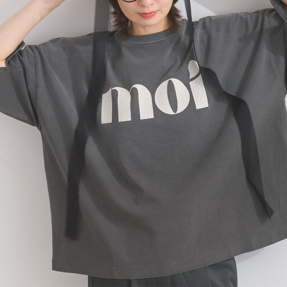 純棉復古刷色簡約落肩五分袖上衣-炭灰