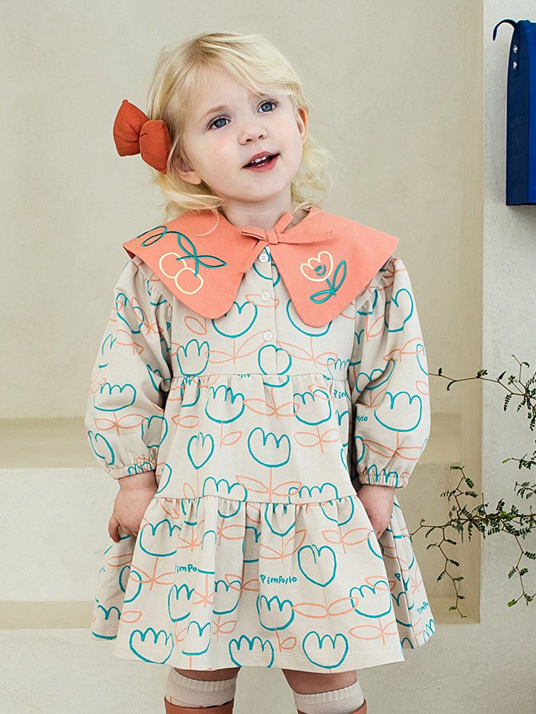 韓國Pimpollo - 可拆翻領可愛花朵洋裝-灰