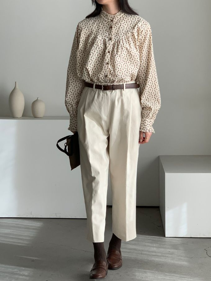 韓國女裝連線 - 滿版小花朵燈芯絨長袖襯衫-米 (FREE)