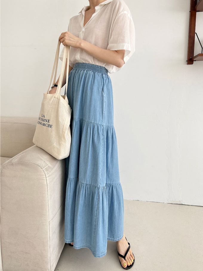 韓國女裝連線 - 鬆緊腰薄丹寧蛋糕長寬褲-中青 (FREE)