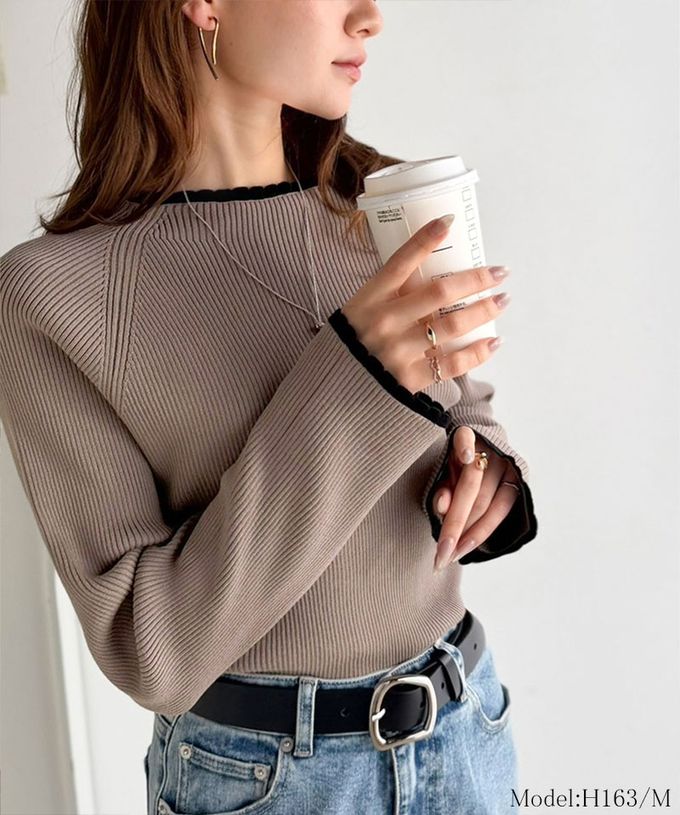 日本 Classical Elf - 羅紋針織典雅滾邊長袖上衣-海軍藍