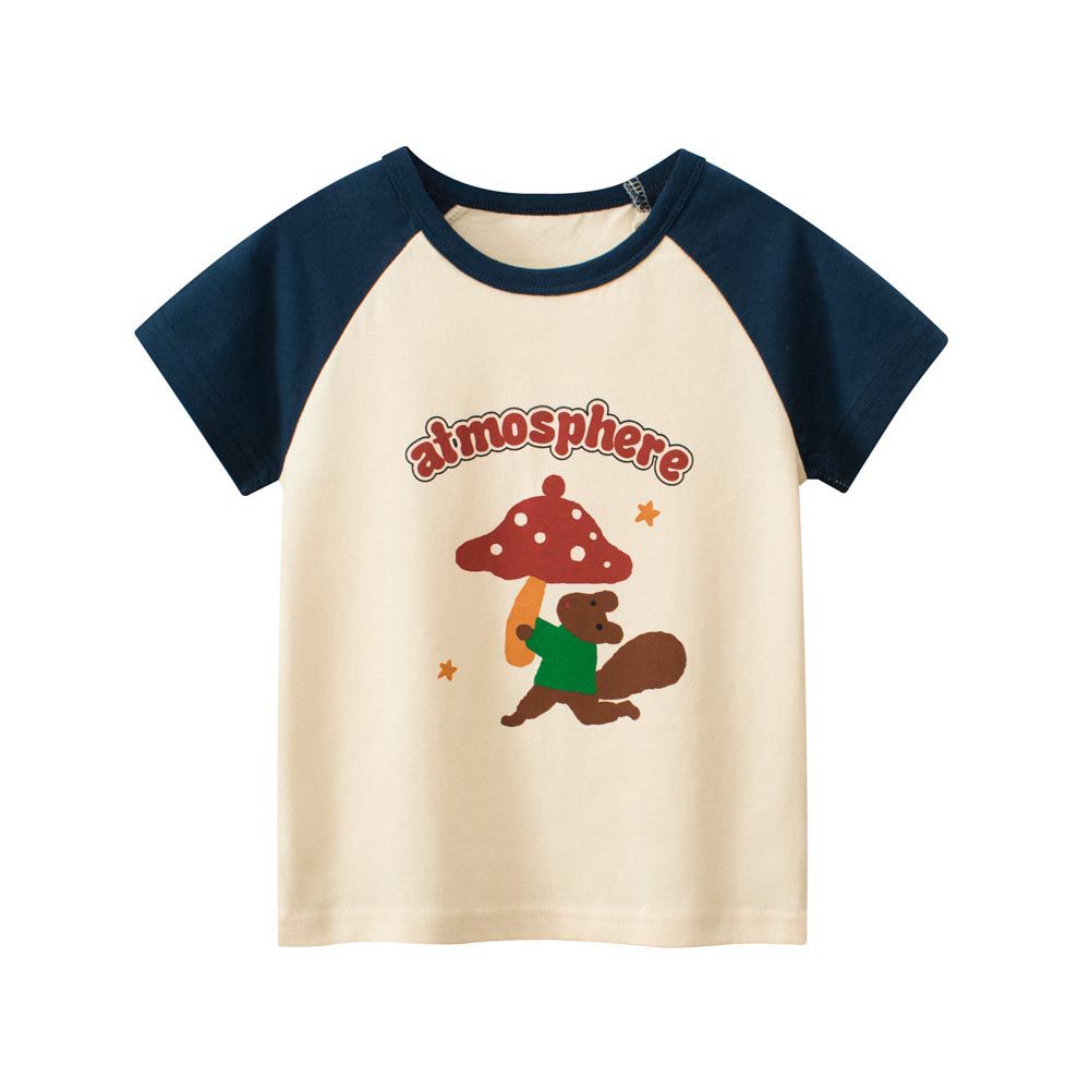 27home - 純棉短袖上衣-松鼠蘑菇-米杏+藍