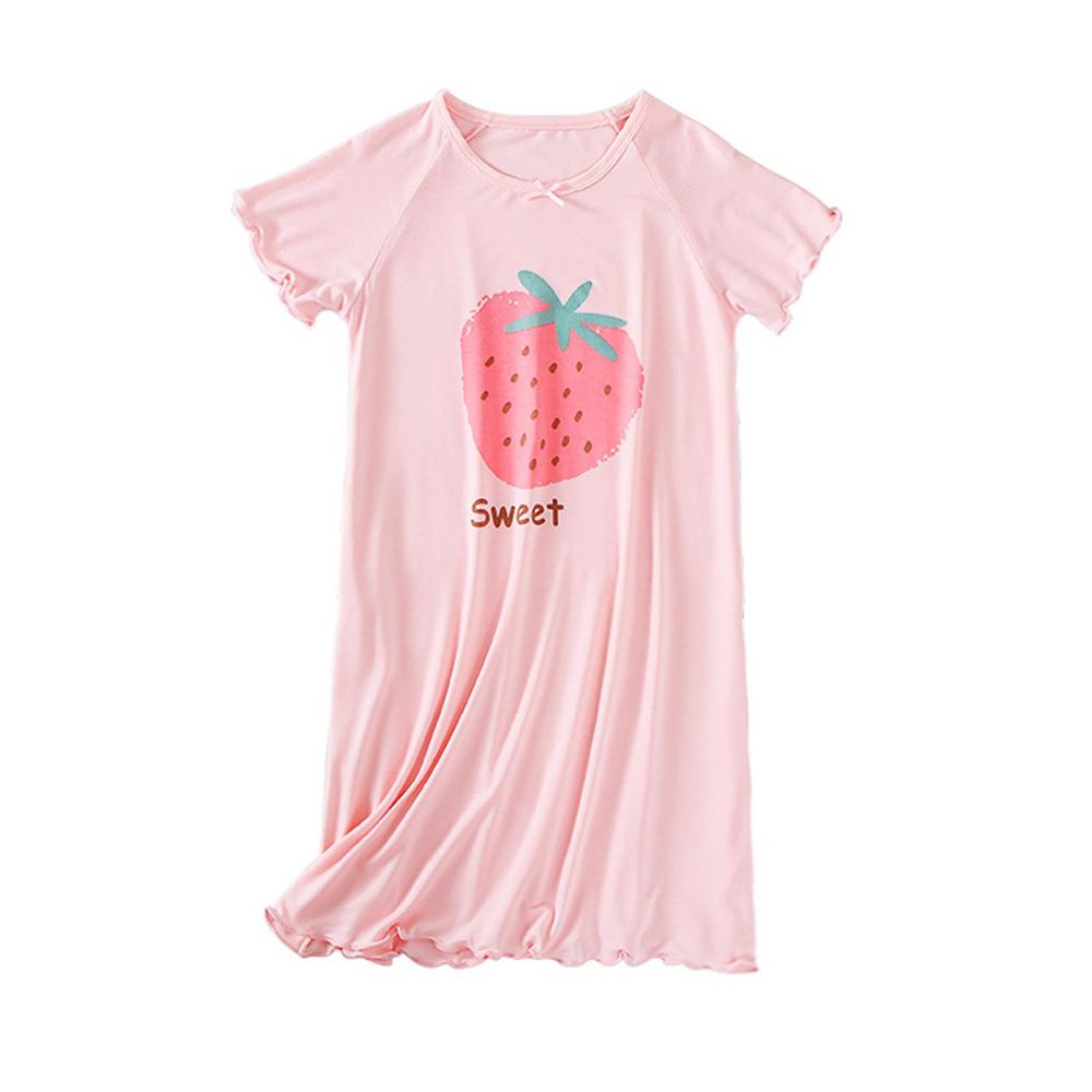 MAMDADKIDS - 木耳邊短袖連身睡裙/家居服-大草莓-粉色