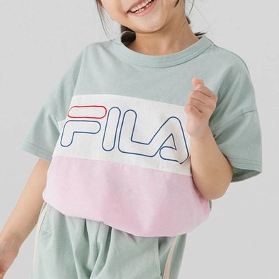 日本 Chil2 - FILA聯名 休閒短袖上衣-條紋撞色-綠x白x粉紅