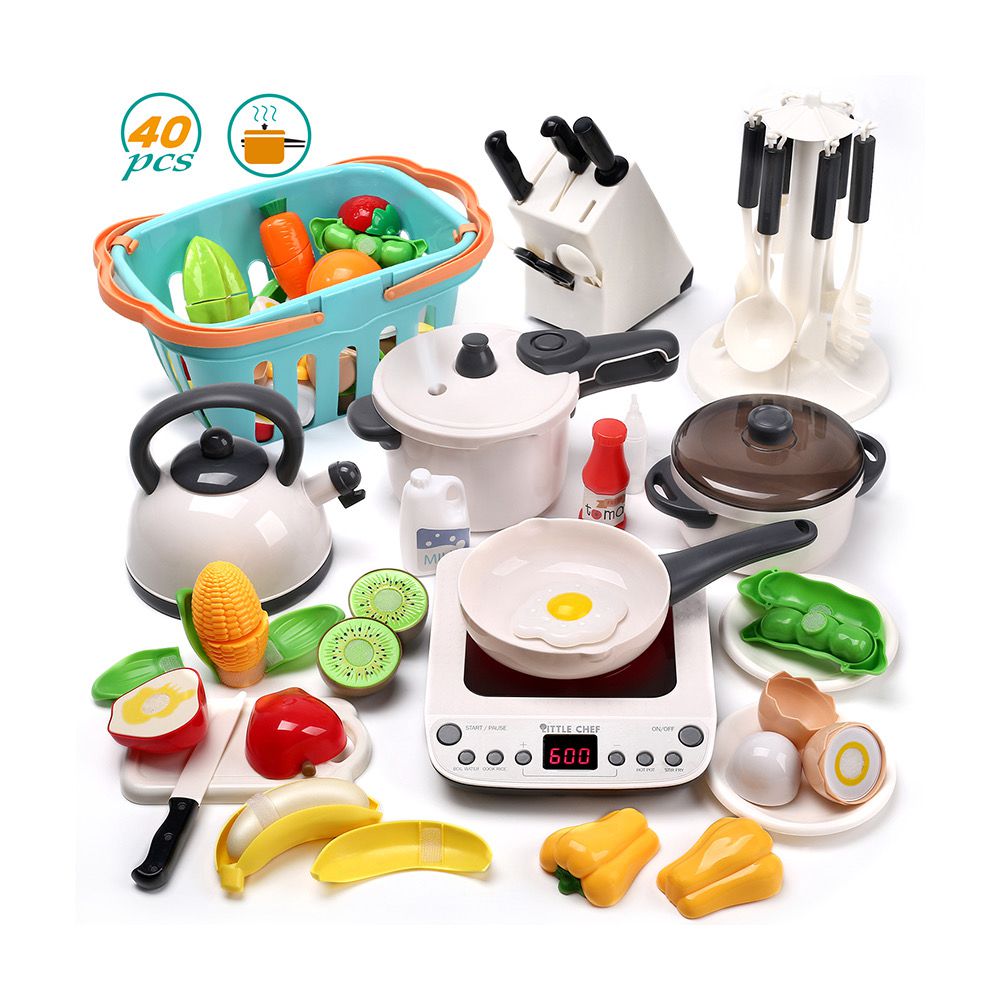 CuteStone - 兒童仿真噴霧湯鍋與聲光電磁爐套裝玩具40件組
