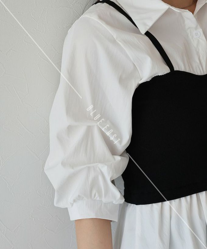 日本 BLUE EAST - 假二件俐落時尚疊穿五分袖上衣-黑x水藍