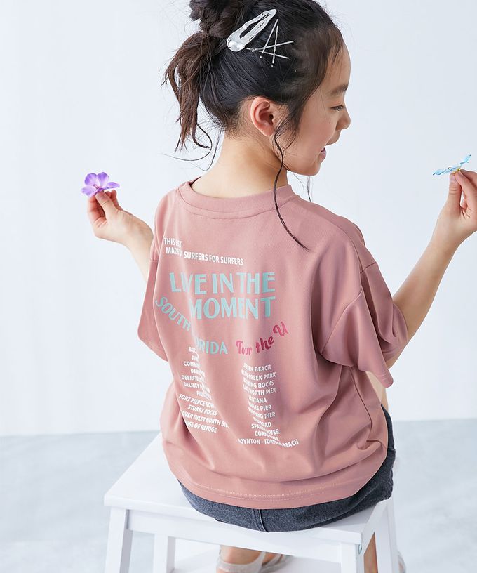 日本 devirock - 速乾網眼 女孩印花短袖上衣-圓圈logo-煙燻粉