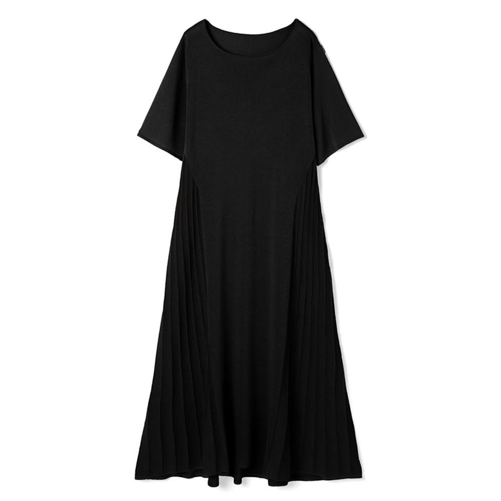 日本 GRL - 飄逸百褶拼接短袖洋裝-時尚黑