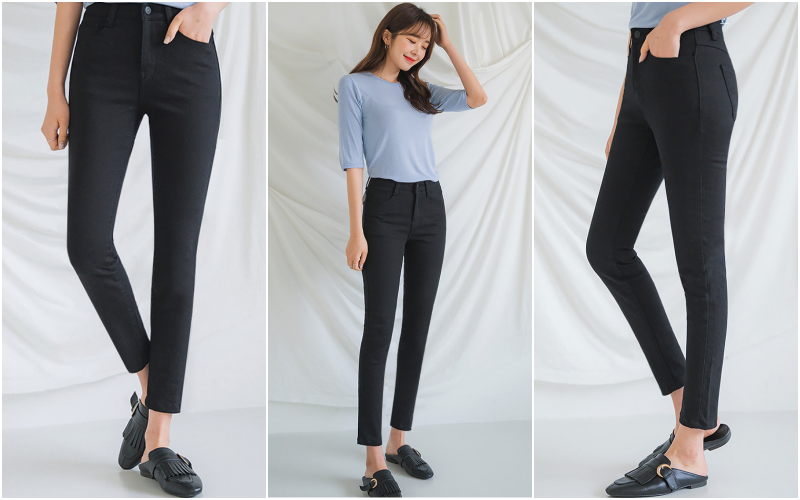 韓國 ENVYLOOK - 超彈力收腰鬆緊窄管褲-黑