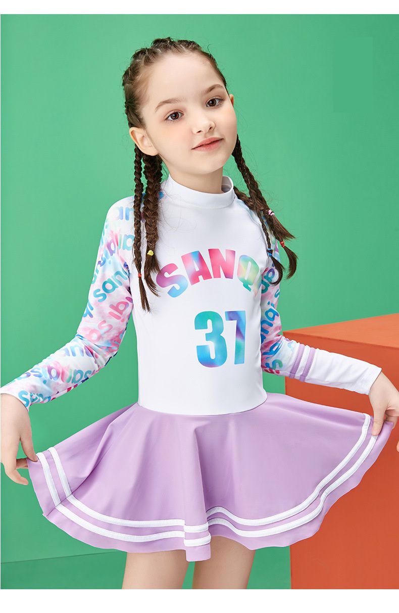 女寶運動風長袖連身裙泳衣-數字37-紫+白