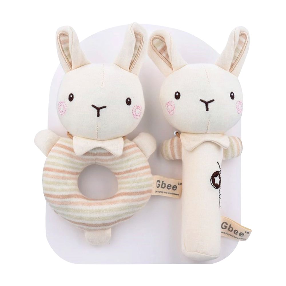 JoyNa - 1組2入-嬰兒搖鈴 手抓棒 有機棉安撫玩具-萌萌兔組