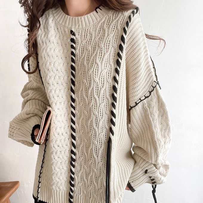 日本 Classical Elf - 2way跳色毛線編織寬鬆長版毛衣-摩卡