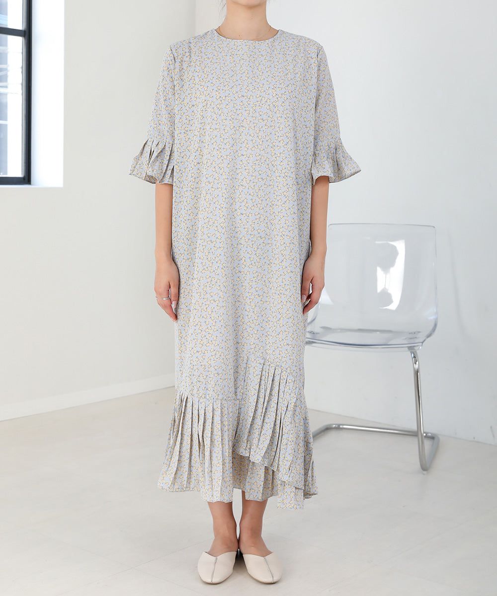 日本 Bab - 圓領碎花糖果袖洋裝-奶油白