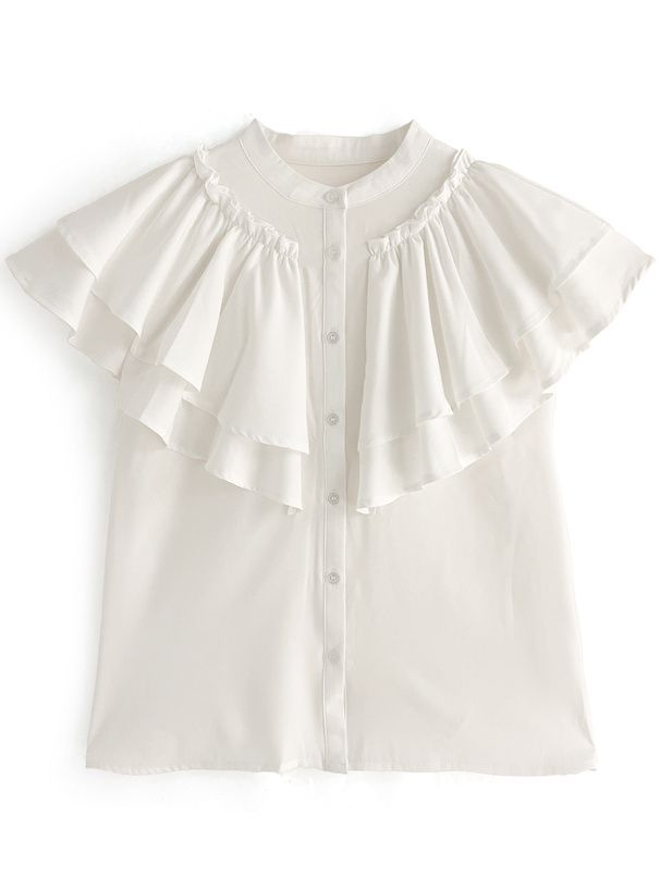 日本 GRL - 夢幻荷葉領層次短袖襯衫-深藍 (F)