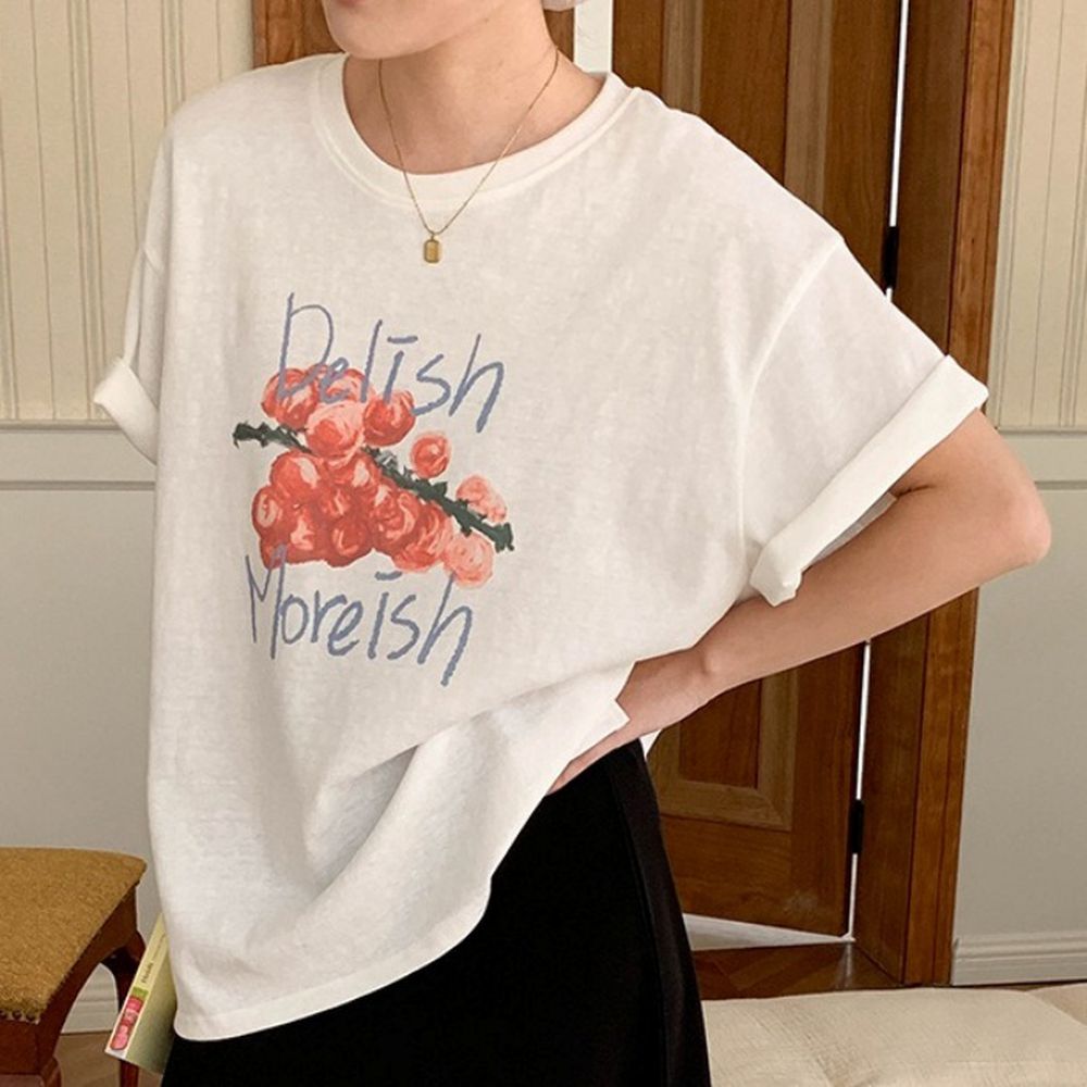 寬鬆落肩短袖上衣-油畫果實印-白 (F)