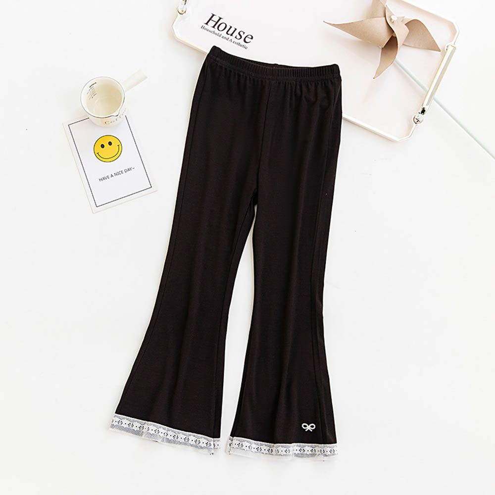 涼感透氣微喇叭褲-蝴蝶結蕾絲-黑色