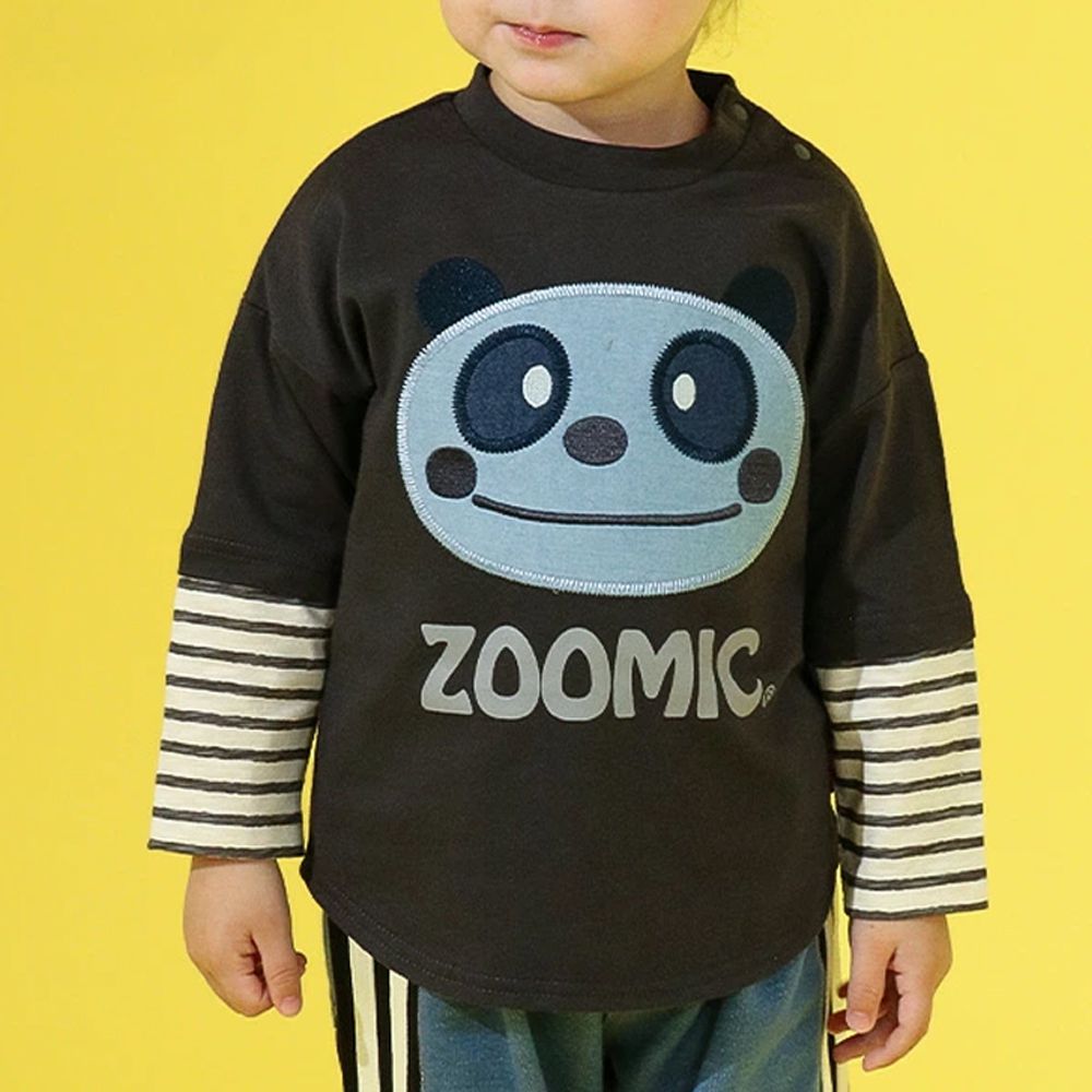 丹寧風小熊長袖上衣-假二件袖-炭黑