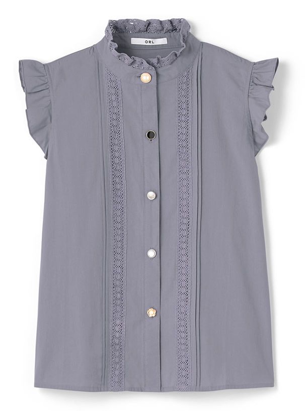 日本 GRL - 不規則排扣蕾絲小飛袖無袖襯衫-薰衣草 (M)