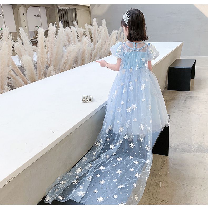 (不含披風)公主亮片短袖網紗洋裝-夢幻藍