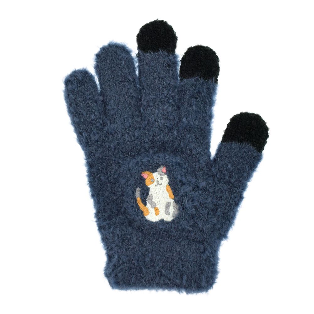 日本 TOMO - 兒童可觸控短絨保暖手套-小花貓-深藍