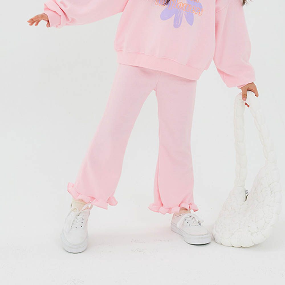 W.S.B. 鬆緊腰荷葉擺拼接小喇叭褲-粉