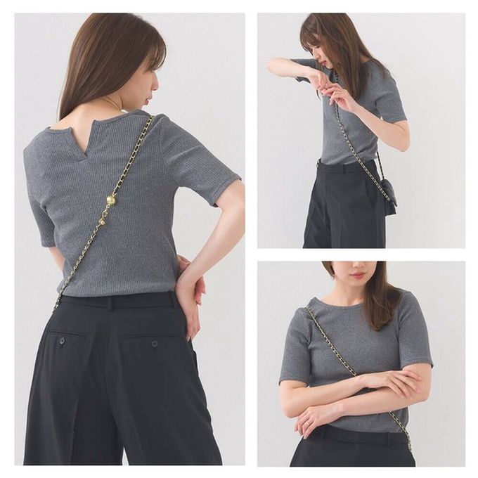 日本 OMNES - 接觸冷感 後頸V羅紋合身短袖上衣-灰