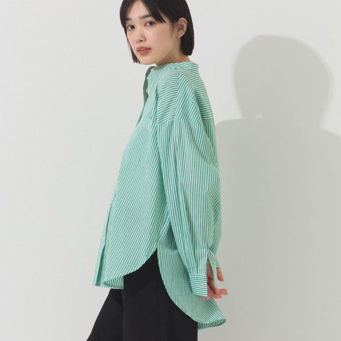 日本 OMNES - 純棉 俐落條紋寬鬆感立領襯衫-海軍藍