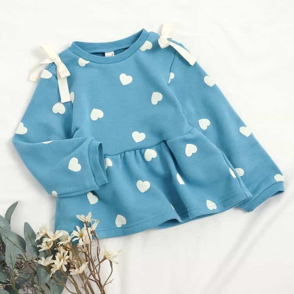 雙肩浪漫蝴蝶結裏毛長袖上衣-愛心-藍