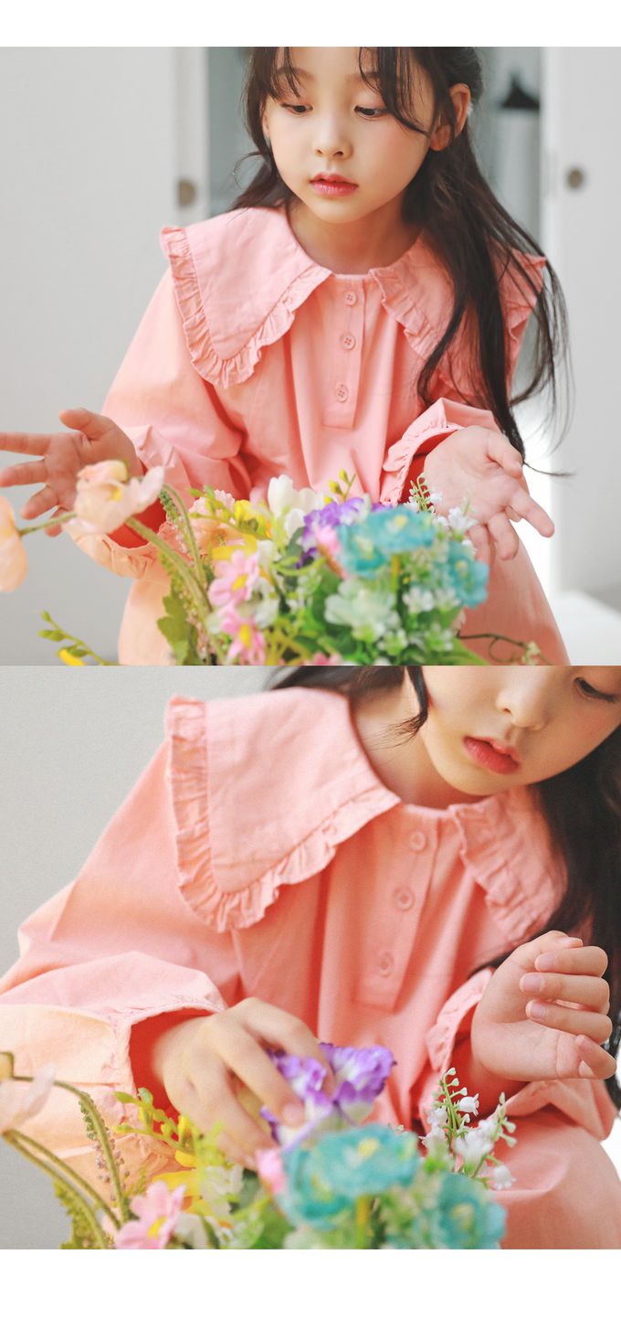 韓國 J KIDS - 優雅公主翻領連身長袖洋裝-蜜桃粉