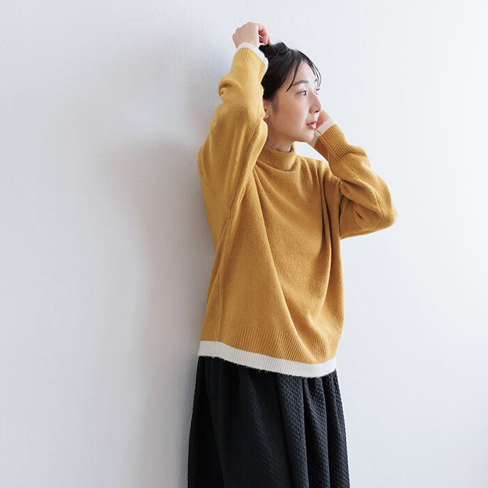 日本 ihuu - 下擺撞色立領針織毛衣-芥黃x杏