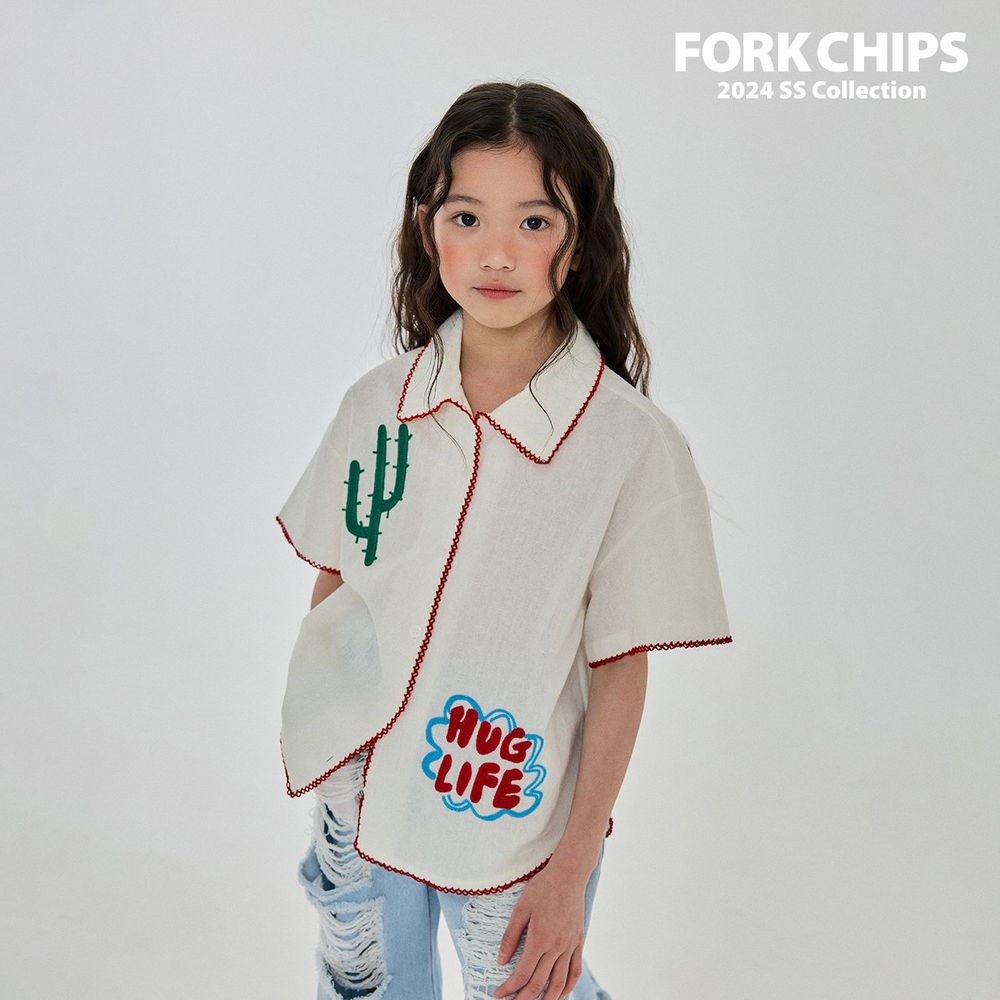 韓國 FORK CHIPS - 刺繡圖案寬鬆翻領襯衫-象牙白