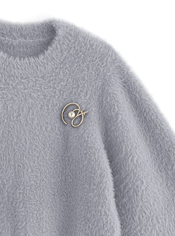 日本 GRL - 浪漫感毛海針織上衣(附珍珠胸針)-藍 (F)