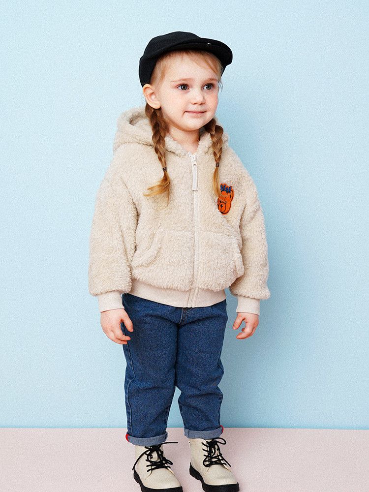 韓國 HEJMINI - 熊熊絨毛連帽夾克-卡其