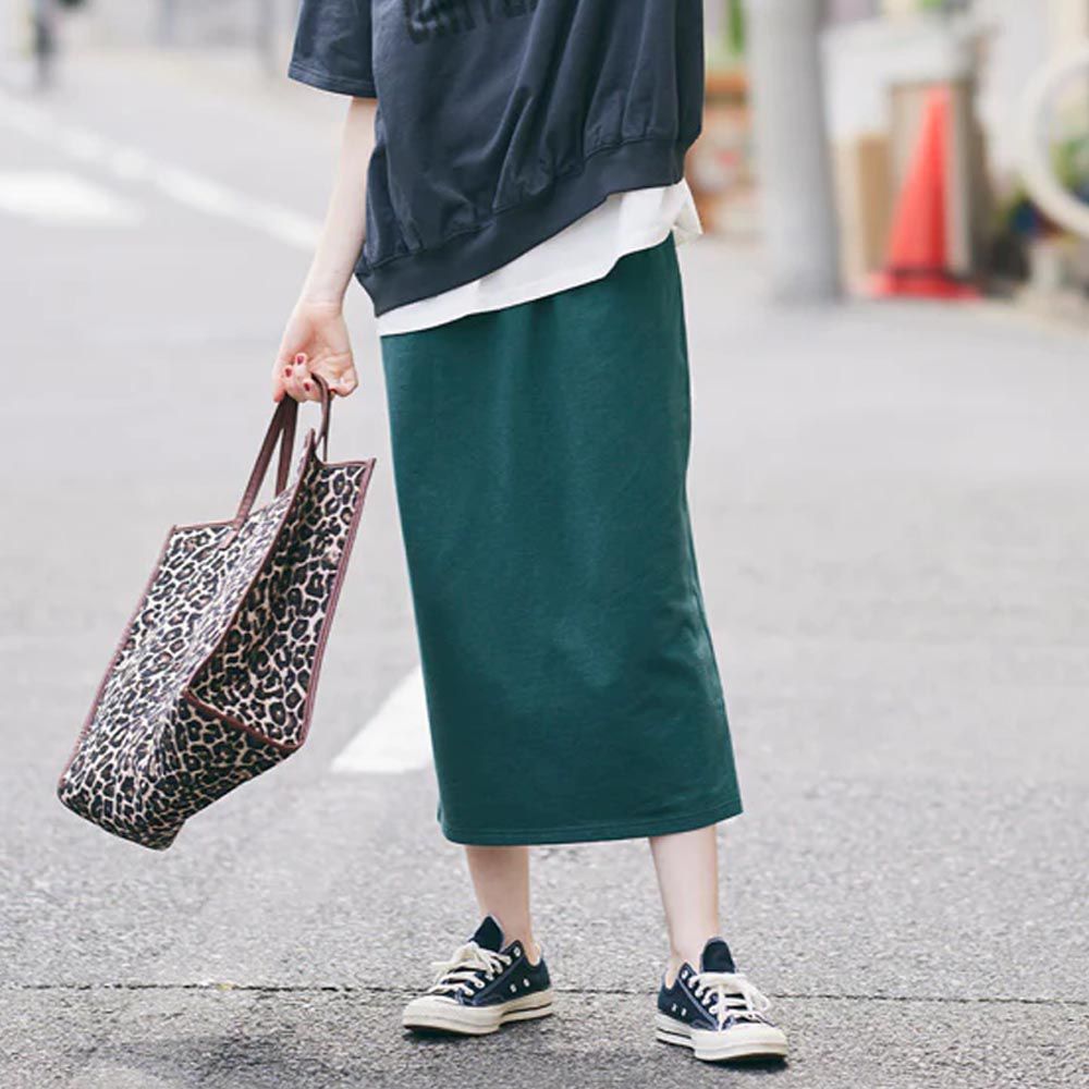 日本 COCA - 棉混彈性修身長裙-深綠