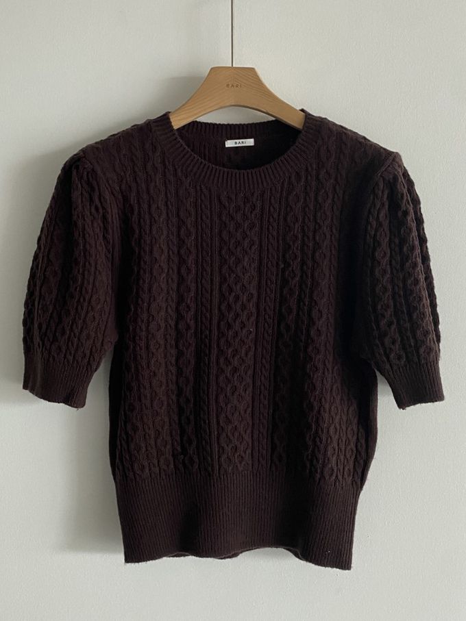 韓國女裝連線 - 麻花辮編織五分袖針織上衣-咖啡紅 (FREE)