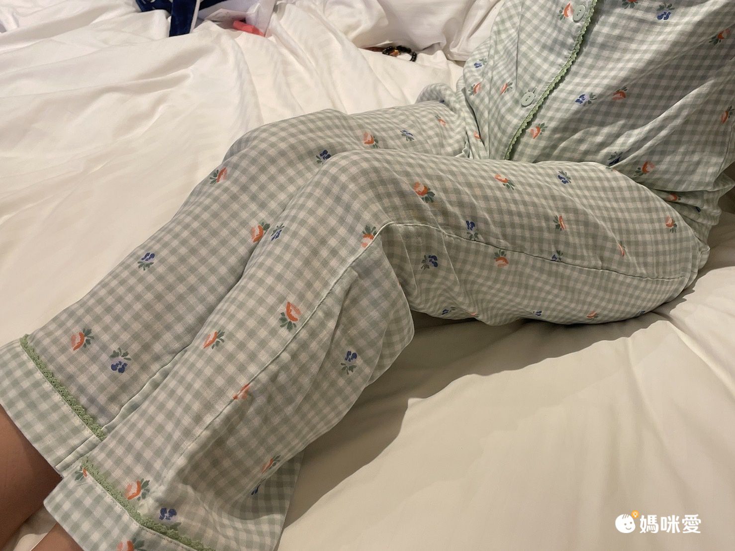 雙層棉紗布長袖家居睡衣套裝-小花綠格