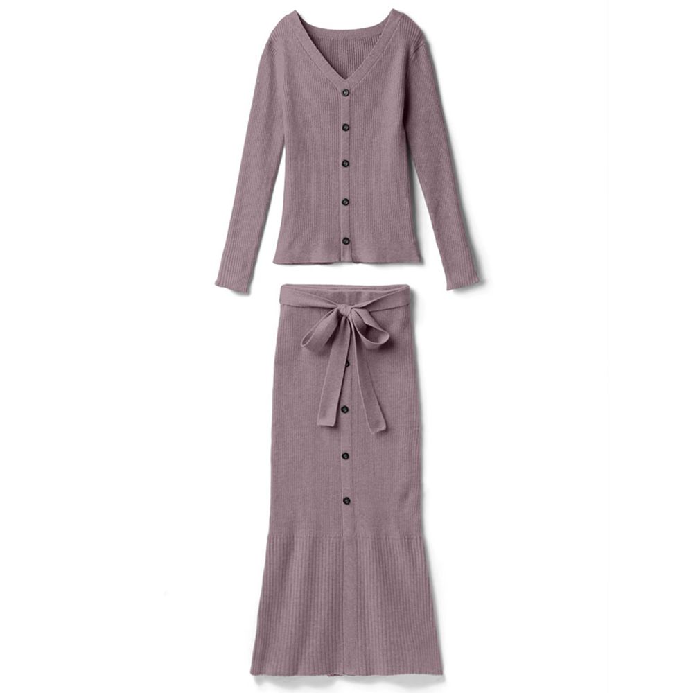 日本 GRL - 針織修身假外套上衣X綁帶長裙套裝-摩卡粉