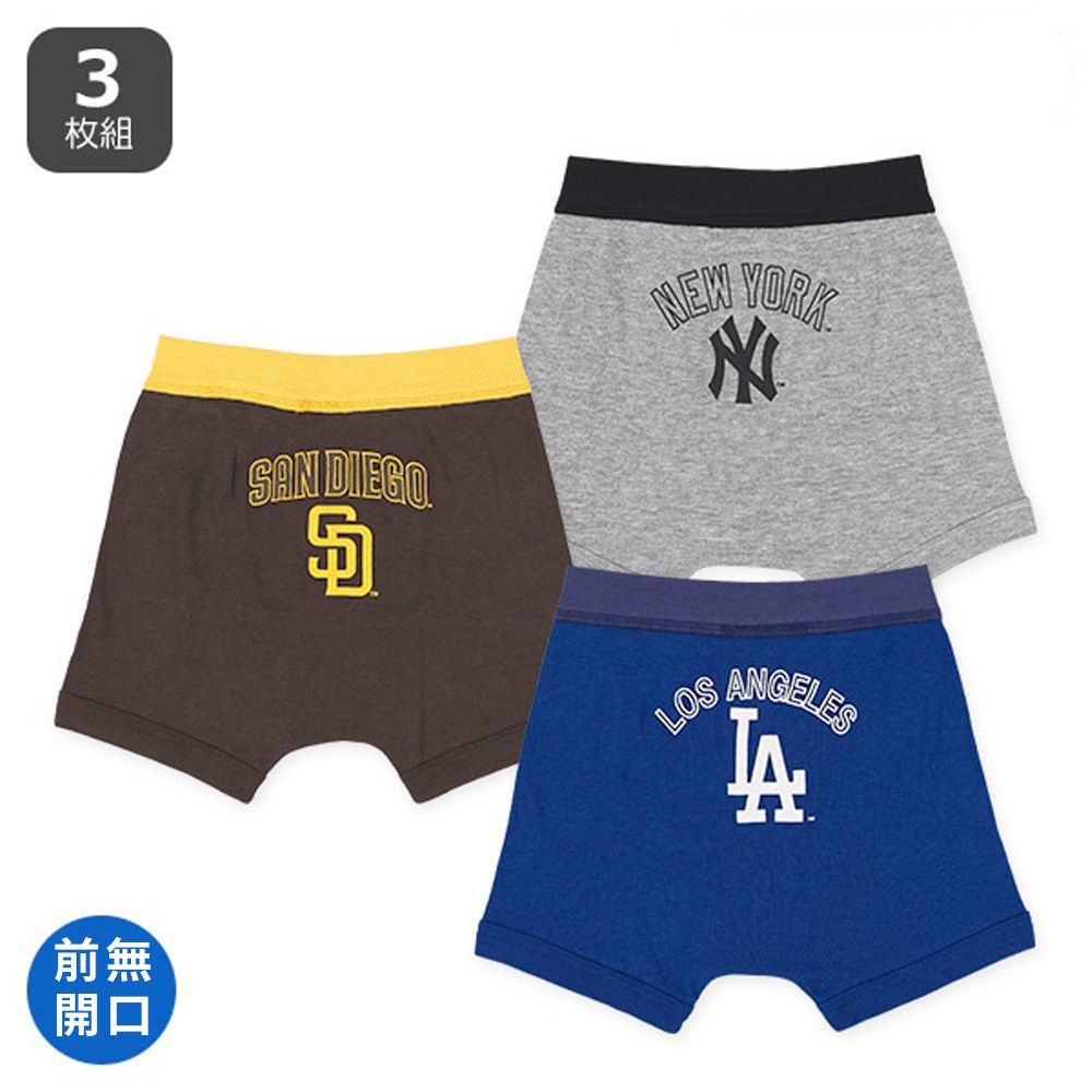 人氣聯名 混棉男孩四角內褲(3件組)-MLB logo-灰藍咖