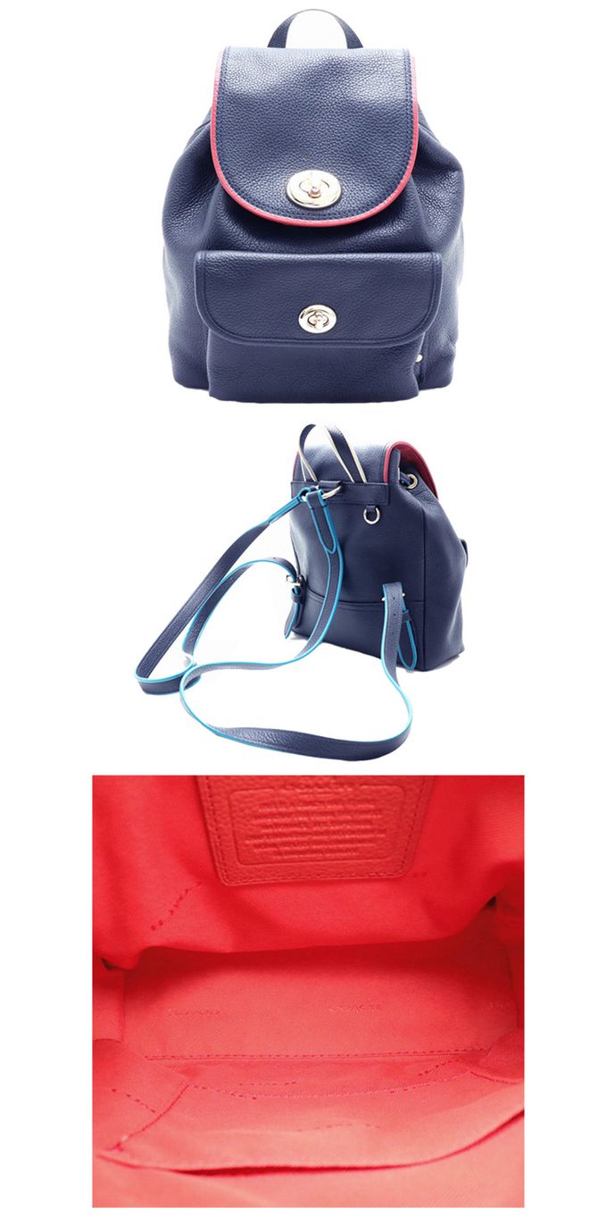 COACH - 素面皮革翻蓋後背包 (深藍)