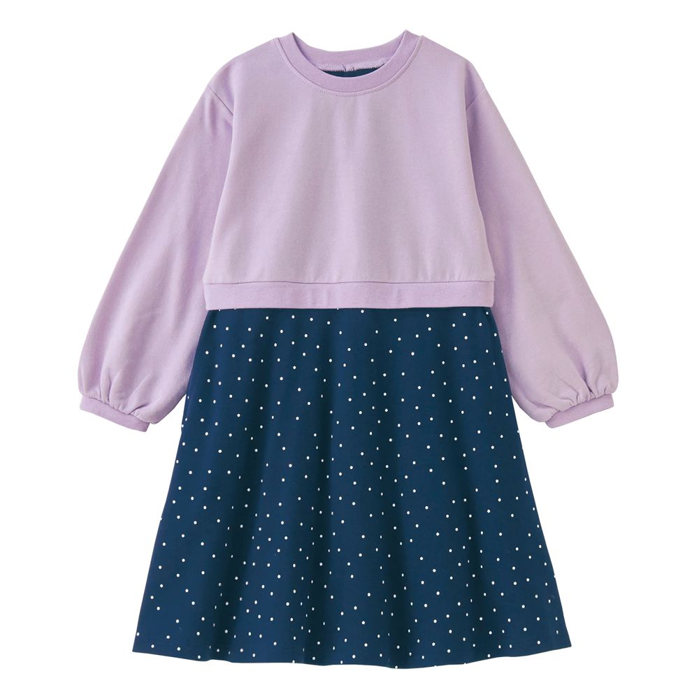 後背蝴蝶結假兩件式長袖洋裝-點點-紫X海軍藍