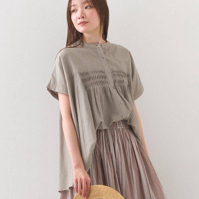 日本 OMNES - 100%印度棉 皺摺傘狀短袖襯衫-黑