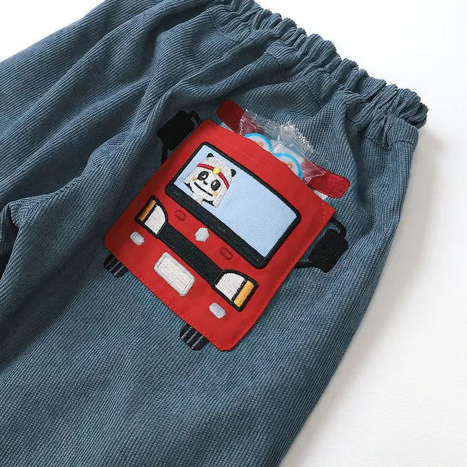 日本 ZOOLAND - 熊熊救援隊 燈芯絨車車口袋長褲-消防車-藍