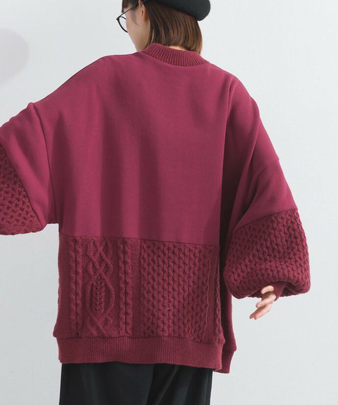 日本 Lupilien - 鬥牛犬印花粗針織拼接裏毛長袖上衣-海軍藍