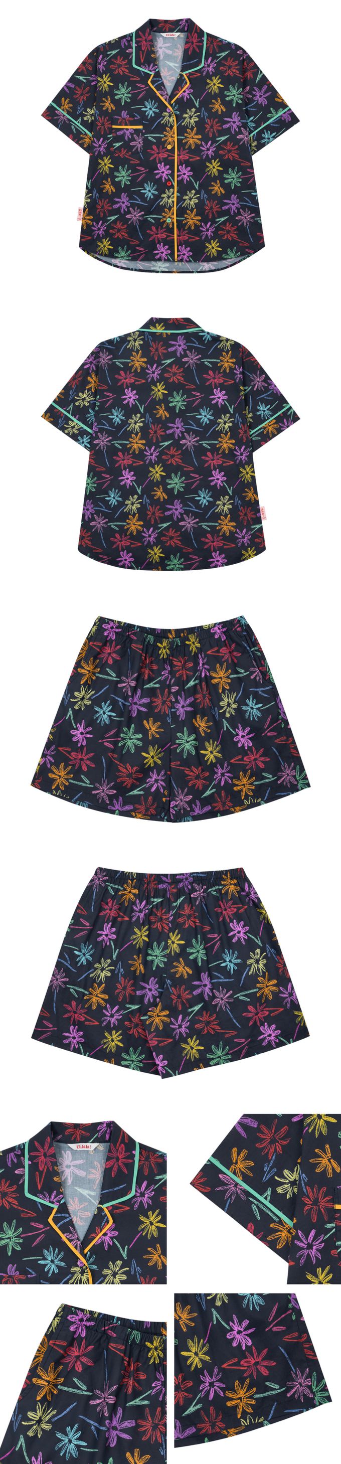 韓國 ULLALA - (情侶款)彩繪花口袋短袖睡衣套裝-女款-藍黑 (FREE)